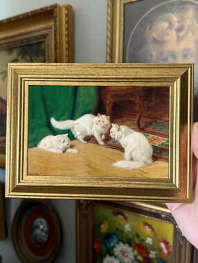 Vintage Style White Cats Playing Art Print Framed